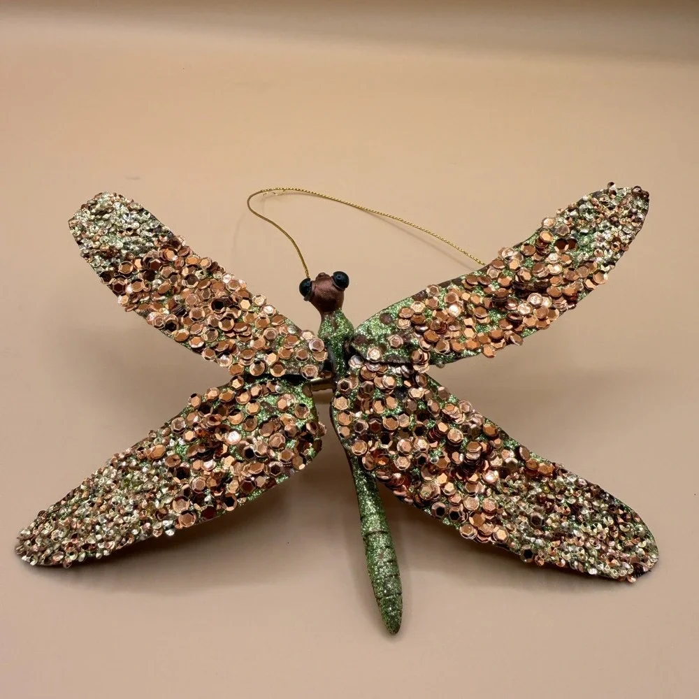 Large Glitter Dragonfly Clip Ornament Gold Sequin Green Sparkle Hanging Decor